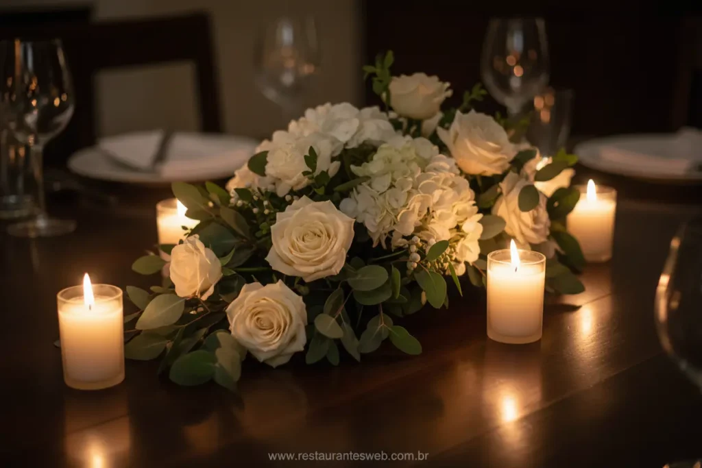 Decoração de mesa de jantar com flores e velas.