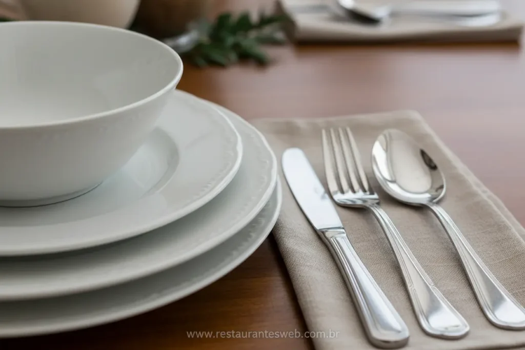 Louças e talheres essenciais para montagem de mesa.