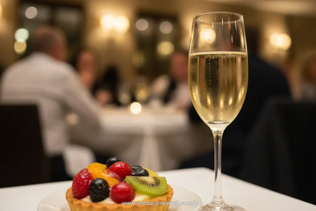Combinação de espumante e sobremesa de frutas.