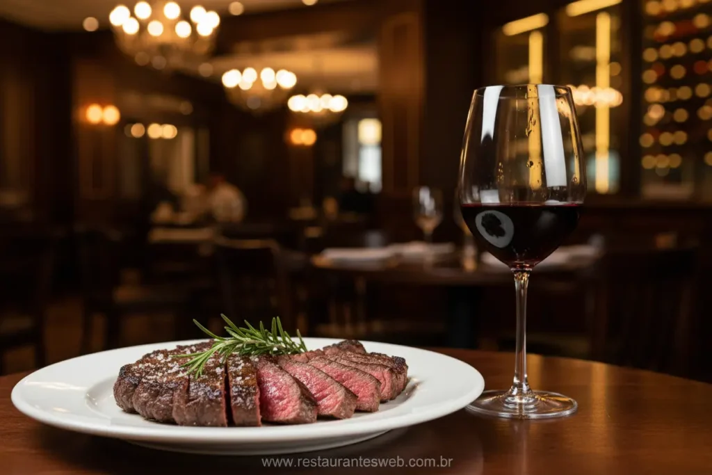 Vinho tinto e bife: harmonização perfeita.